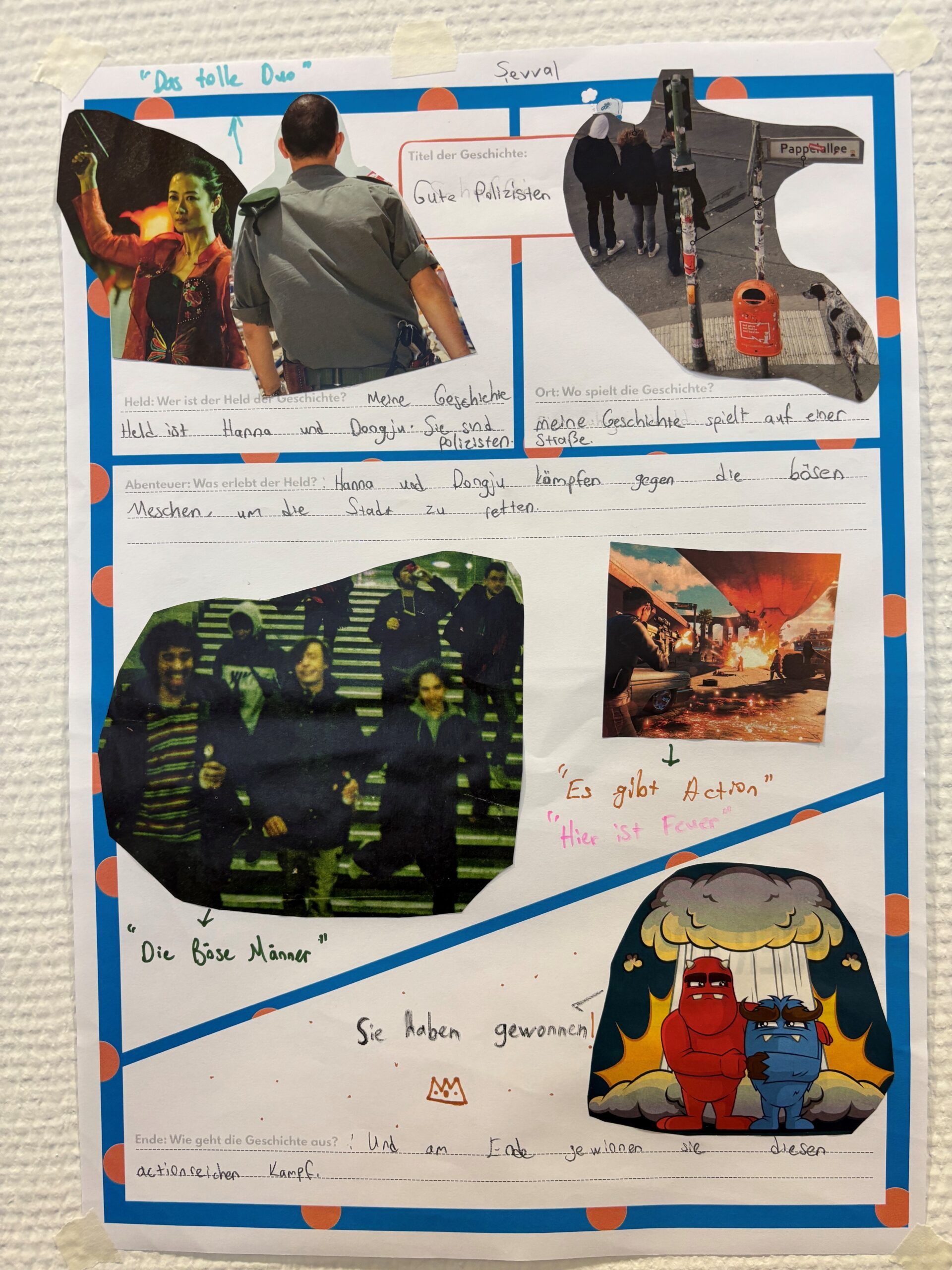 Selbst gestaltetes Plakat und handgeschriebene Texte.