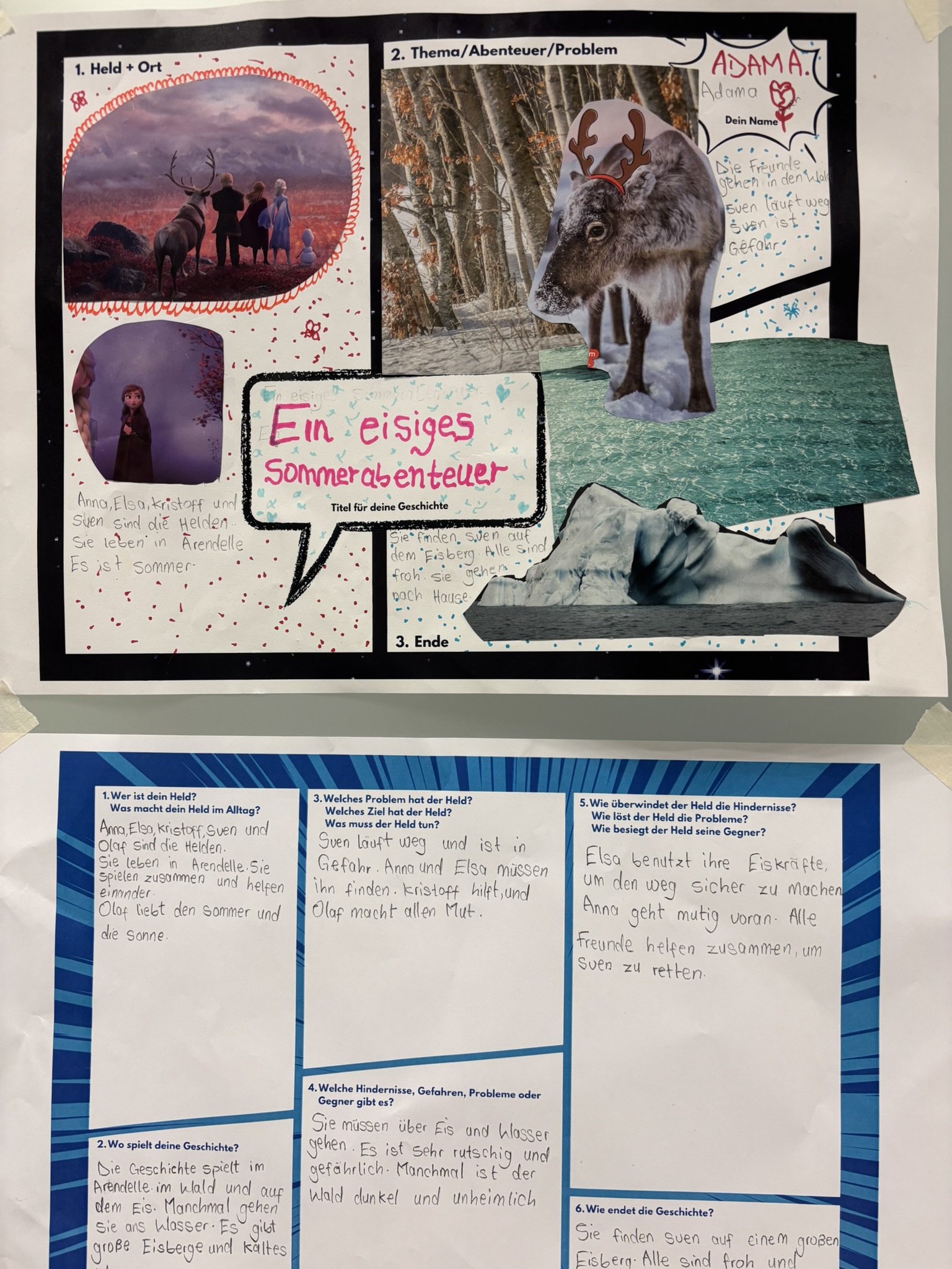 Selbst gestaltetes Schulplakat mit Bildern eines eisigen Waldes, eines Wolfes und handgeschriebenen Texten. In der Mitte steht der Titel „Ein eisiges Sonnenwetter“.