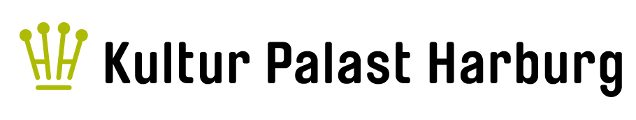 Logo mit einer stilisierten goldgrünen Krone links und dem schwarzen Schriftzug ‚Kultur Palast Harburg‘ auf hellem grauen Hintergrund.